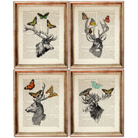 Set of 4 Deer Portraits with Butterflies Dictionary Art Prints