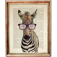 Zebra Portrait with Pink Glasses Dictionary Art Prints, Wild & Free