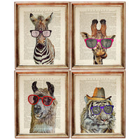Set of 4 Funny Animal Portrait Dictionary Art Prints, Wildlife Artwork