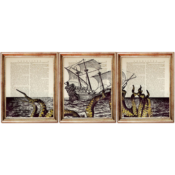 Nautical Kraken Dictionary Art Prints, Set of 3 Sea Life Wall Decor