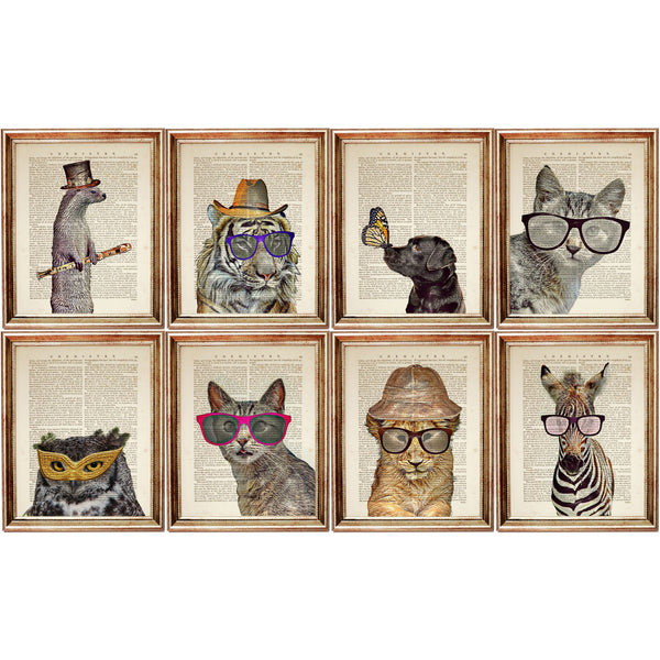 Set of 8 Animal Portrait Dictionary Art Prints, Animal Kingdom Posters