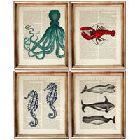 Set of 4 Sea Life Dictionary Art Prints, Marine Marvels Poster Artwork