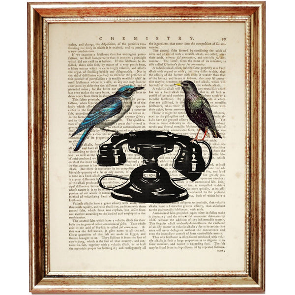 Telephone with Two Birds Dictionary Art Print, Retro Enthusiasts Gift