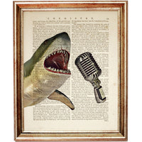 Shark with Microphone Dictionary Art Print, Jawsome Serenade Artwork