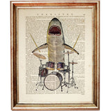 Shark Playing Drums Dictionary Art Print, Musical Underwater Delight