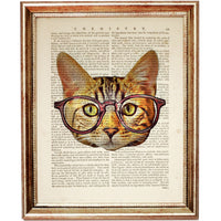 Geeky Cat Dictionary Art Print, Cat Portrait Poster, Funny Animal Wall Art with Glasses, Nursery Wall Decor