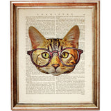 Geeky Cat Dictionary Art Print, Cat Portrait Poster, Funny Animal Wall Art with Glasses, Nursery Wall Decor