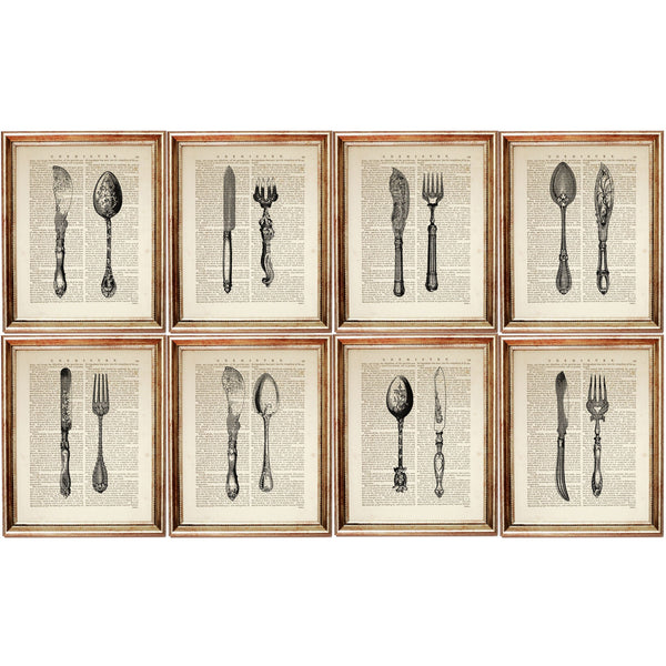 Set of 8 Vintage Cutlery Dictionary Art Prints, Kitchen Wall Decor