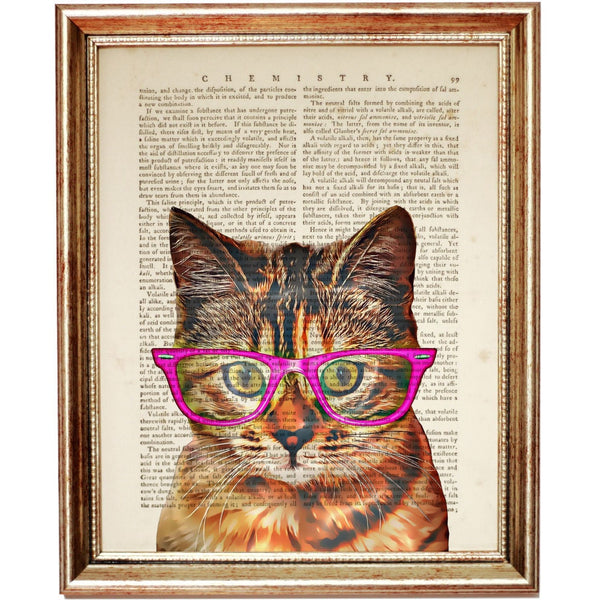 Cat with Glasses Wall Art, Funny Pet Portrait Print