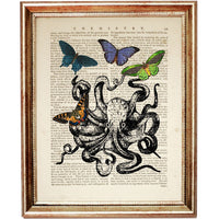 Octopus Dictionary Art Print, Sea Creature Poster with Butterflies