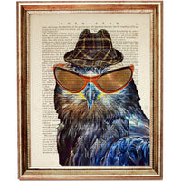 Owl with Hat Wall Art, Dictionary Art Print, Funny Owl Decor