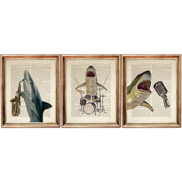 Shark Wall Art Set of 3 Dictionary Prints, Shark with Drums, Saxophone, Singing Decor