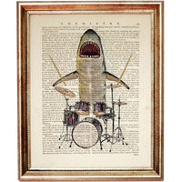 Shark Wall Art Set of 3 Dictionary Prints, Shark with Drums, Saxophone, Singing Decor