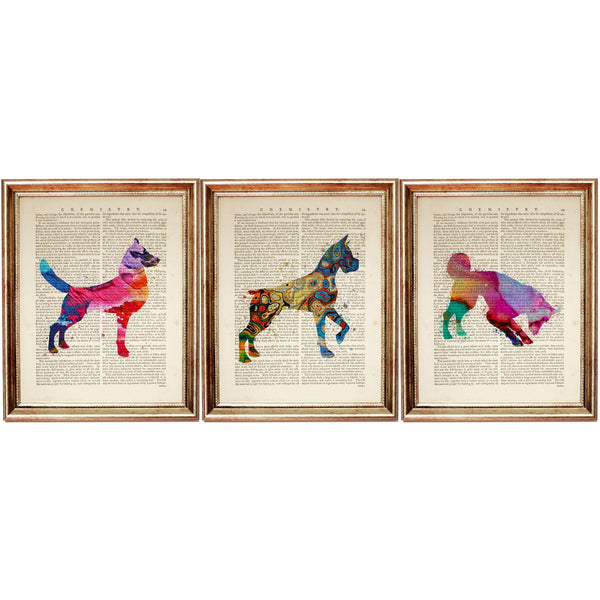 Set of 3 Abstract Dictionary Art Prints - Colorful Dog, Nursery Decor, Pet Animal Wall Art