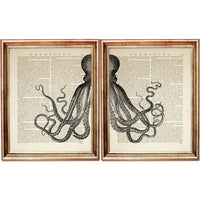 Octopus Art Prints Set of 2 - Sea Life Dictionary Nautical Poster Wall Decor