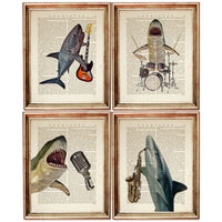 Set of 4 Musical Shark Dictionary Art Prints, Melodic Sharks Poster