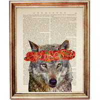 Wolf Portrait with Flower Crown Dictionary Art Print, Bohemian Beauty