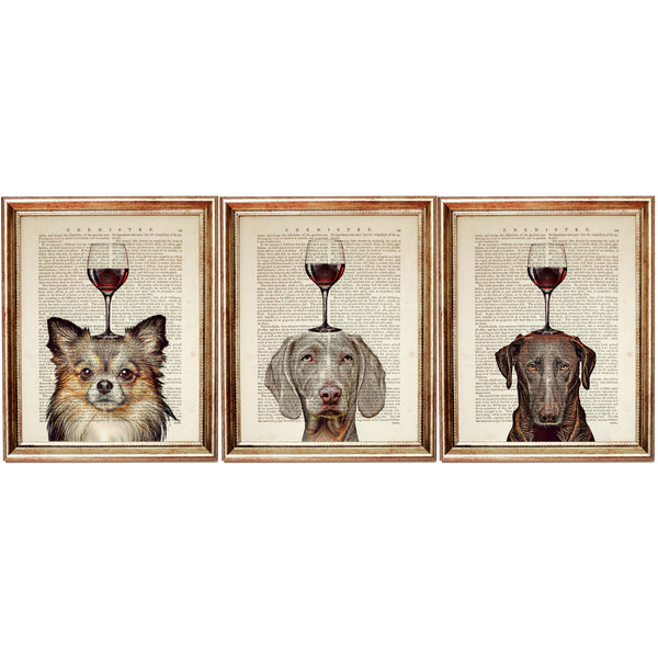 Dog Wine Glass Wall Art Set of 3, Pet Portrait Dictionary Prints, Party Animal Poster