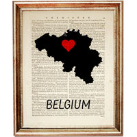 Belgium Map Dictionary Art Print 8x10 Travel Poster, Silhouette Decor, Red Heart