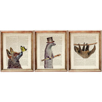 Set of 3 Funny Animal Wall Art Prints - Fox, Butterfly, Otter, Hat, Sloth - Dictionary Art Decor