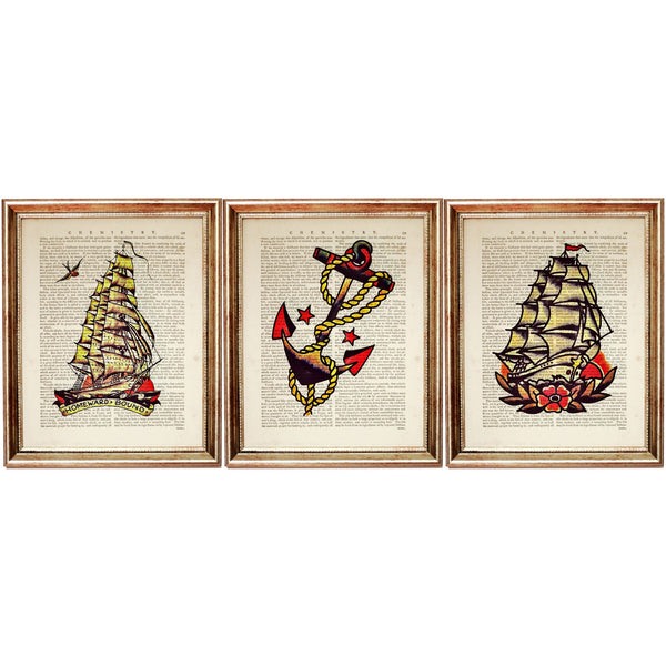 Sailor Jerry Tattoo Flash Dictionary Art Prints Set, Nautical Anchor Poster, Tattoo Wall Art 8x10