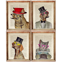 Set of 4 Cat & Dog Dictionary Art Prints, Paw-some Portraits Artwork