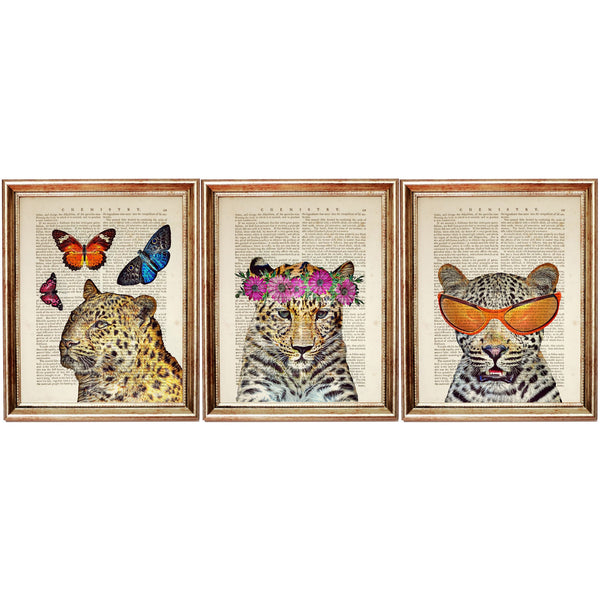 Leopard Wall Art Set 3 Dictionary Art Prints, Animal Portrait with Glasses, Flowers, Butterfly