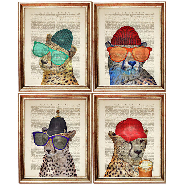 Set of 4 Cheetah Portrait Dictionary Art Prints, Graceful Speed Decor
